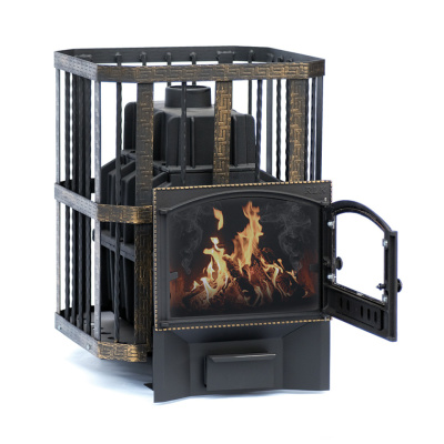 Печь банная чугунная СИБИРЬ-32, каминная дверка со стеклом Сибирь (кованная сетка) (НМК)